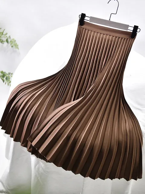 Women Spring Autumn Elegant Chic Solid Pleated Skirt High Waist Luxury Fashion With Elastic Female C-035