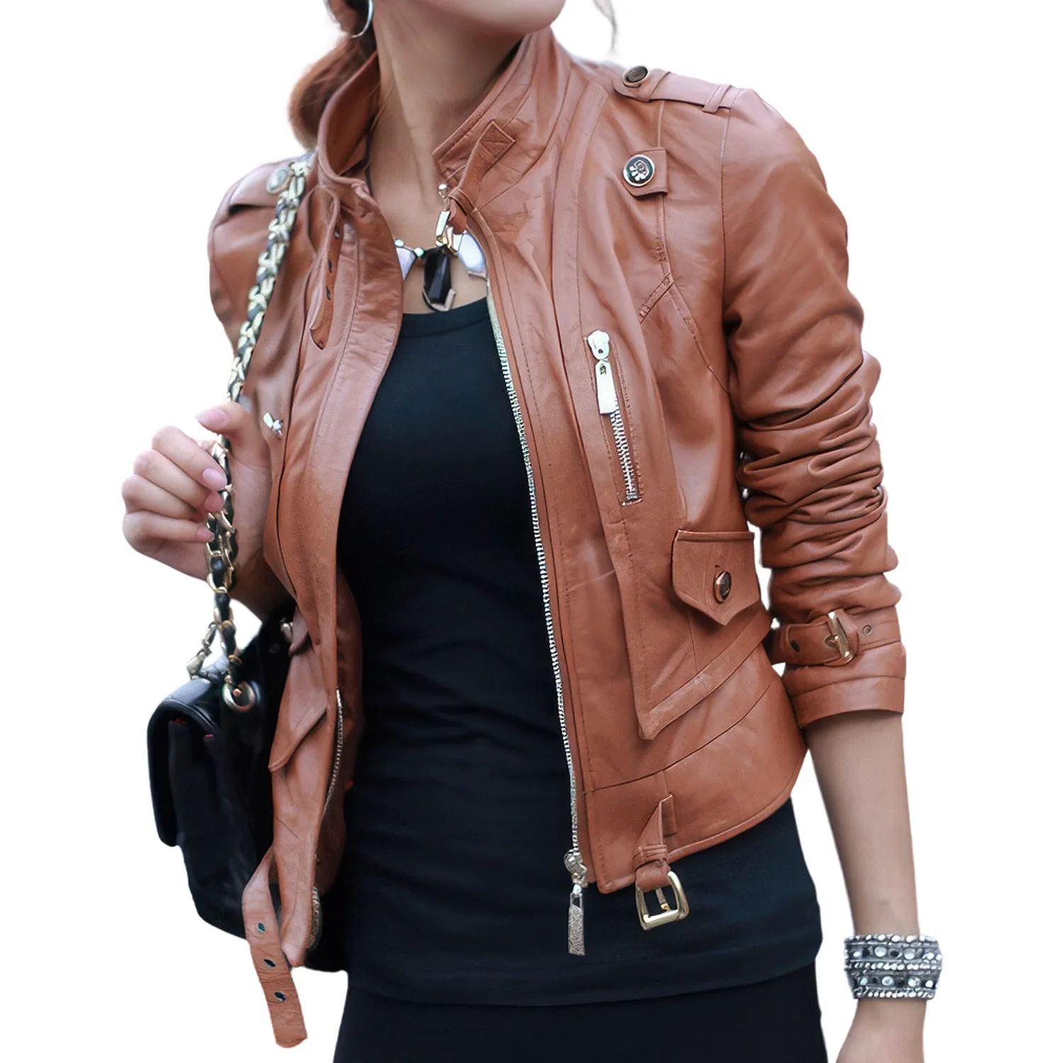 Women’s Brown Genuine Sheepskin Stand Collar Casual Motorcycle Racer Zip-Up Slim Fit Retro Biker Classic Smooth Leather Jacket