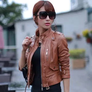 Women’s Brown Genuine Sheepskin Stand Collar Casual Motorcycle Racer Zip-Up Slim Fit Retro Biker Classic Smooth Leather Jacket